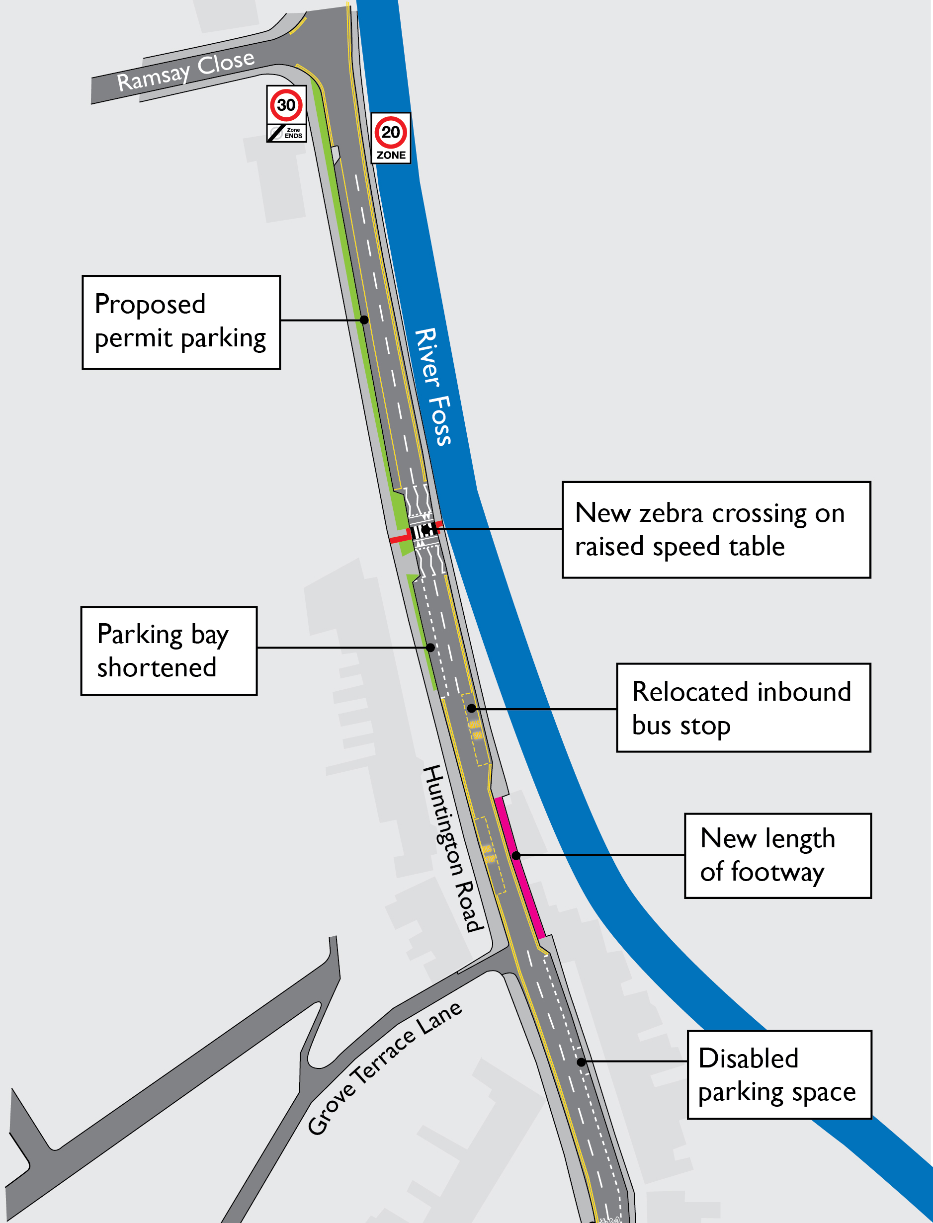 Detailed proposed changes for the top of Huntington Road